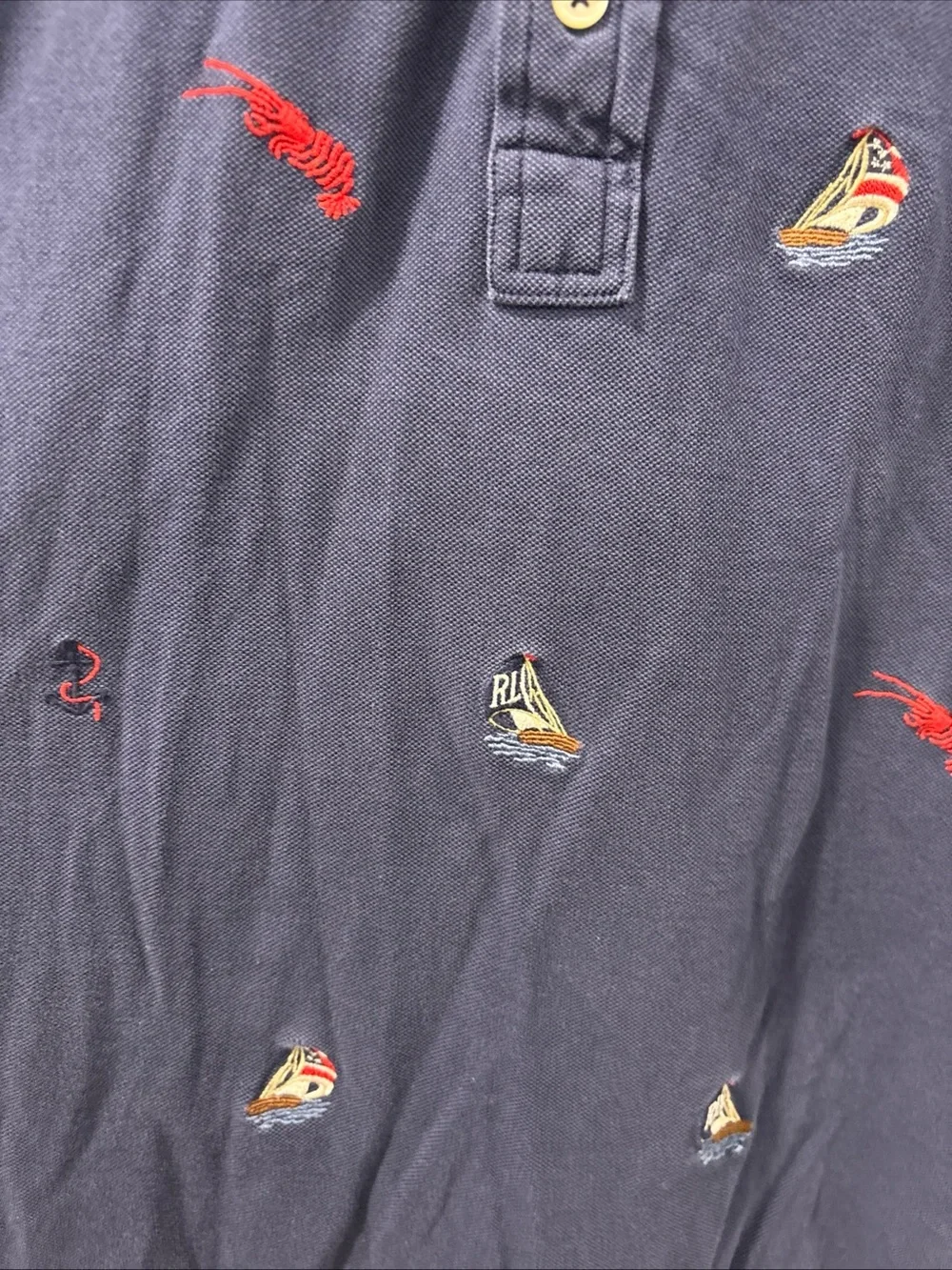 Ralph Lauren Men’s Navy Knit Oxford Polo Size M Nautical Lobsters Preppy EUC